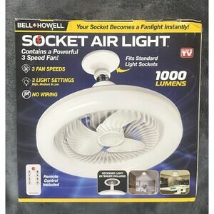 Bell + Howell Socket Air Light LED Fan 1000 Lumens 3 Speed Remote No Wiring NEW